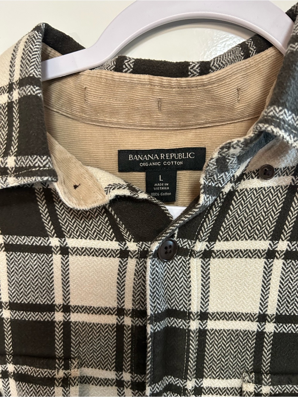 Banana Republic Organic Cotton Brown Cream flannel plaid button-up shirt Sz L